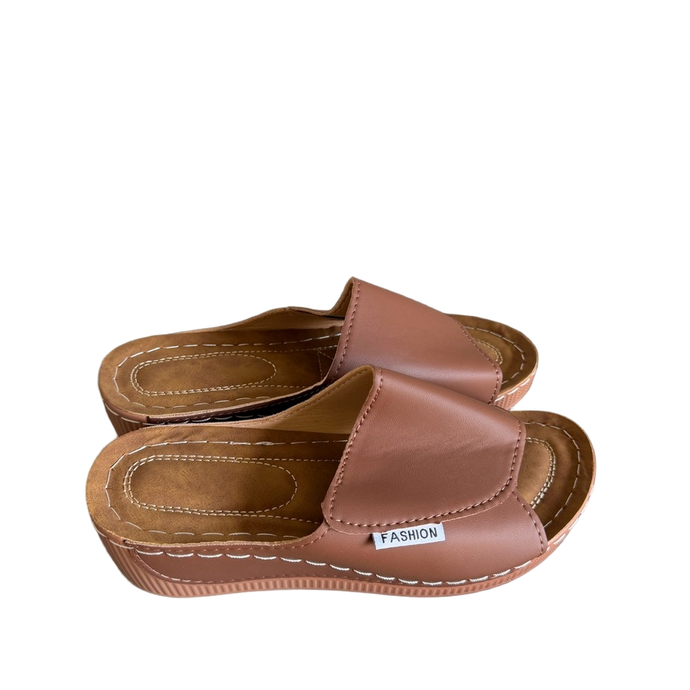 Women's NEW Wedge Slip On Tan Colored Open Toe Shoe #475A